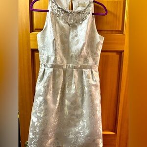 Eliza J. Silver and white metallic floral dress with crystal beading.